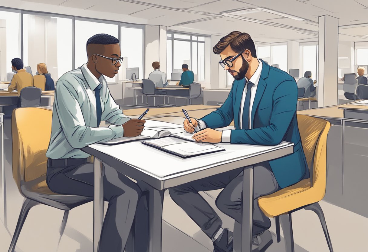 A student observes a professional at work, taking notes and asking questions. The professional guides and mentors, demonstrating ethical behavior and proper workplace etiquette
