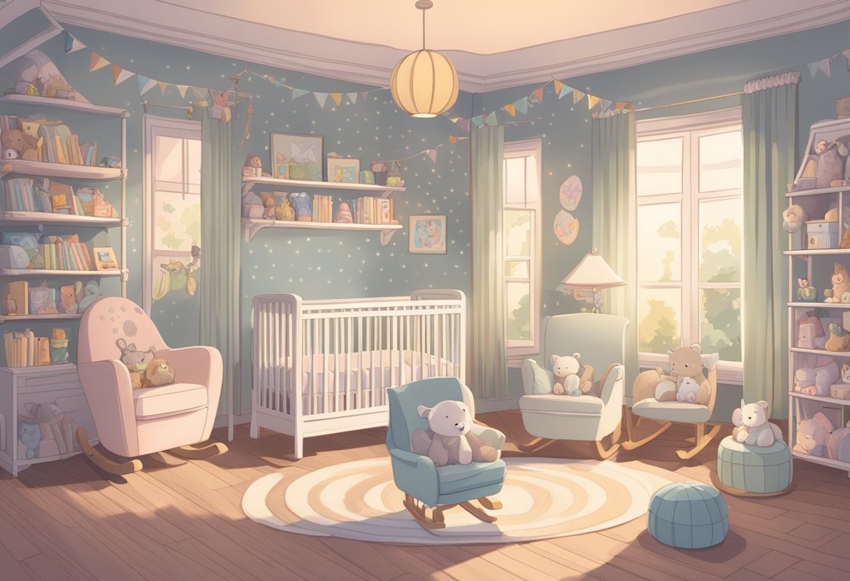 A nursery with soft pastel colors, shelves of baby books, and a cozy rocking chair. A mobile of cute animals hangs above the crib