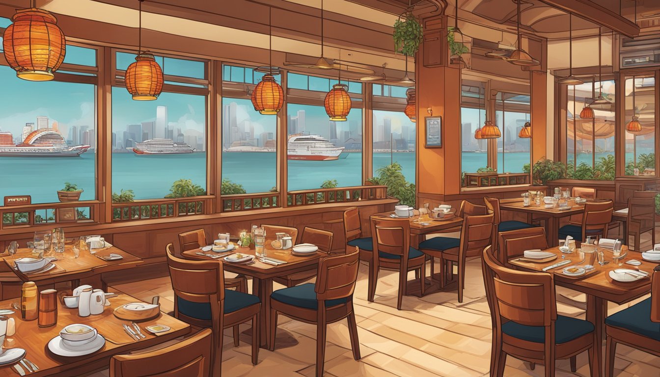 The bustling restaurant, "Beyond the Chilli Crab," exudes a warm and inviting atmosphere with tables filled with steaming plates of Singapore chilli crab