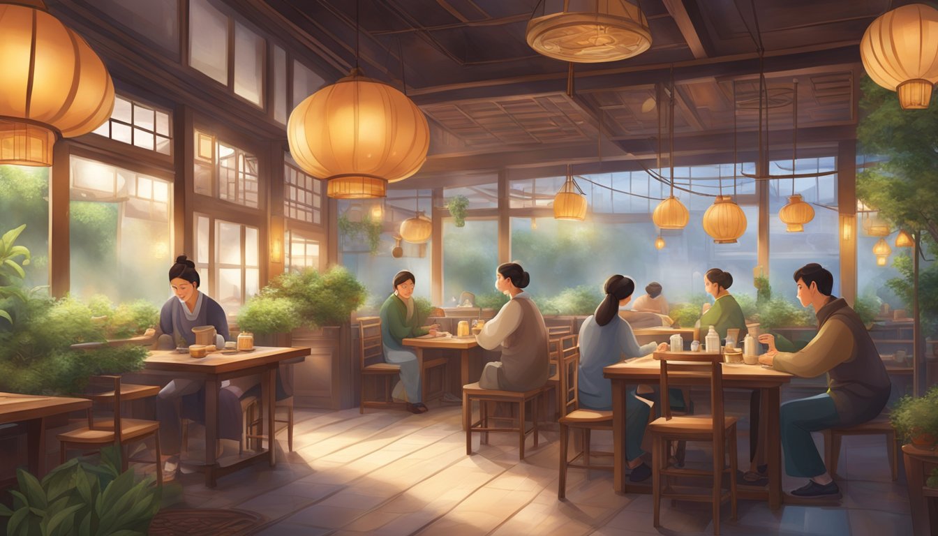 A cozy teahouse within a bustling soup restaurant, with steaming pots and fragrant herbs, inviting patrons to savor the culinary experience