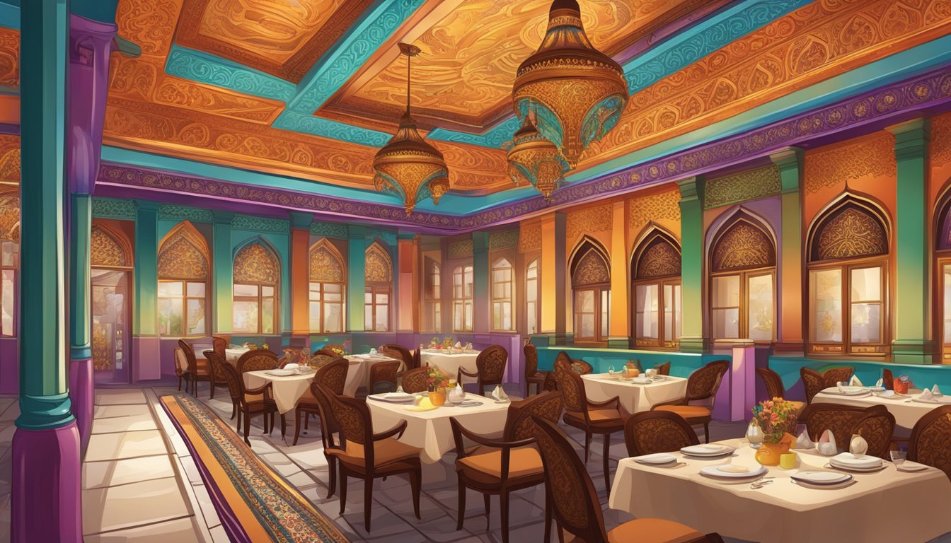 A grand Indian restaurant with ornate decor, vibrant colors, and intricate patterns. Tables set with elegant tableware and a rich aroma of spices fills the air