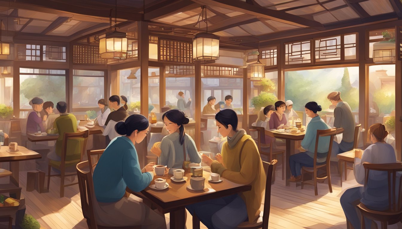 A cozy teahouse nestled within a bustling soup restaurant, with customers enjoying warm beverages and exchanging lively conversations