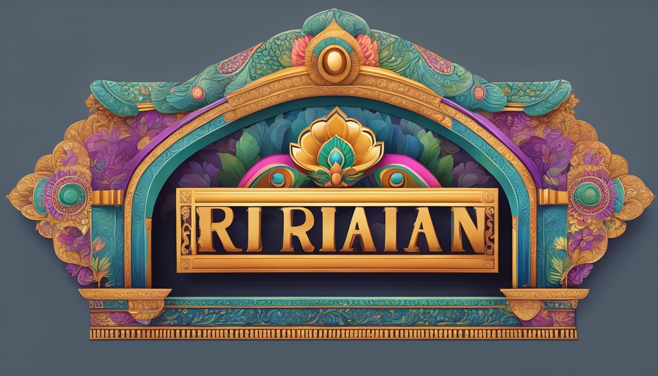 A grand entrance sign with regal font, surrounded by intricate Indian motifs and vibrant colors