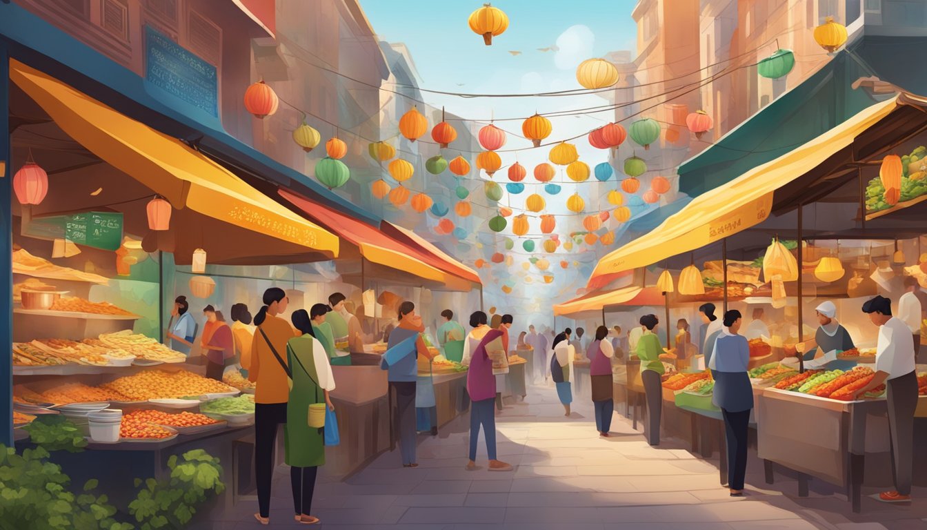 A bustling street lined with colorful food stalls, showcasing a variety of mouthwatering dishes from different cultures, with the aroma of sizzling spices and savory flavors filling the air