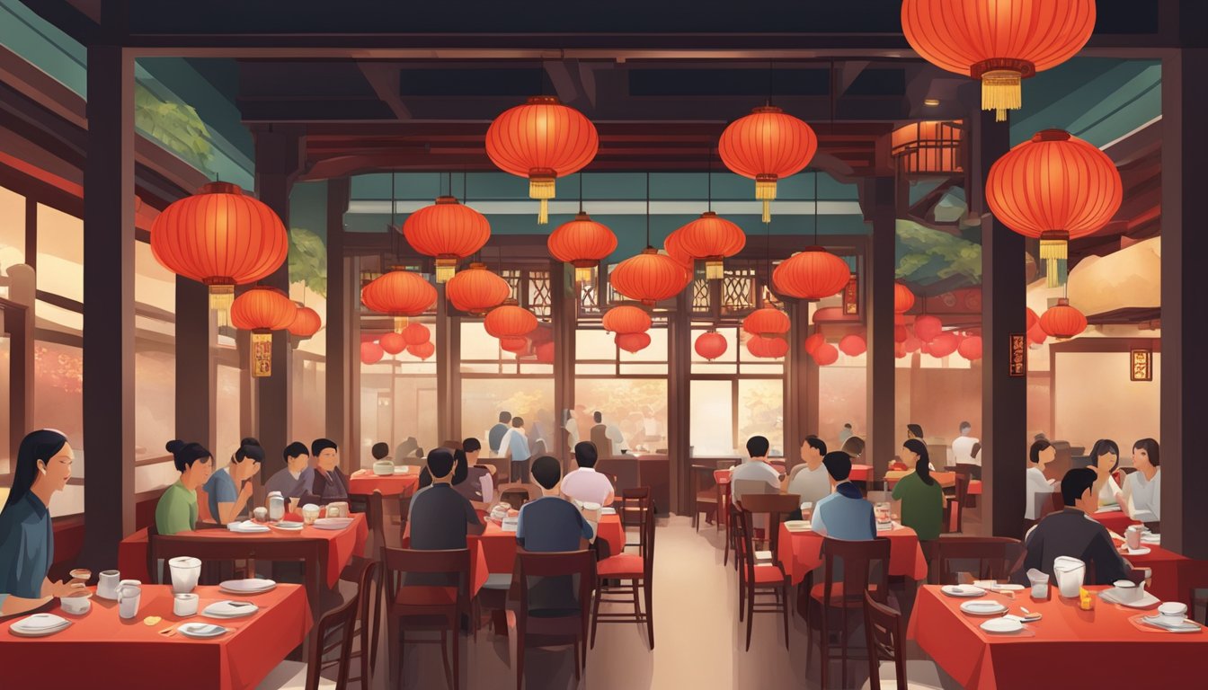 A bustling Sentosa Chinese restaurant with red lanterns, round tables, and steaming plates of dim sum