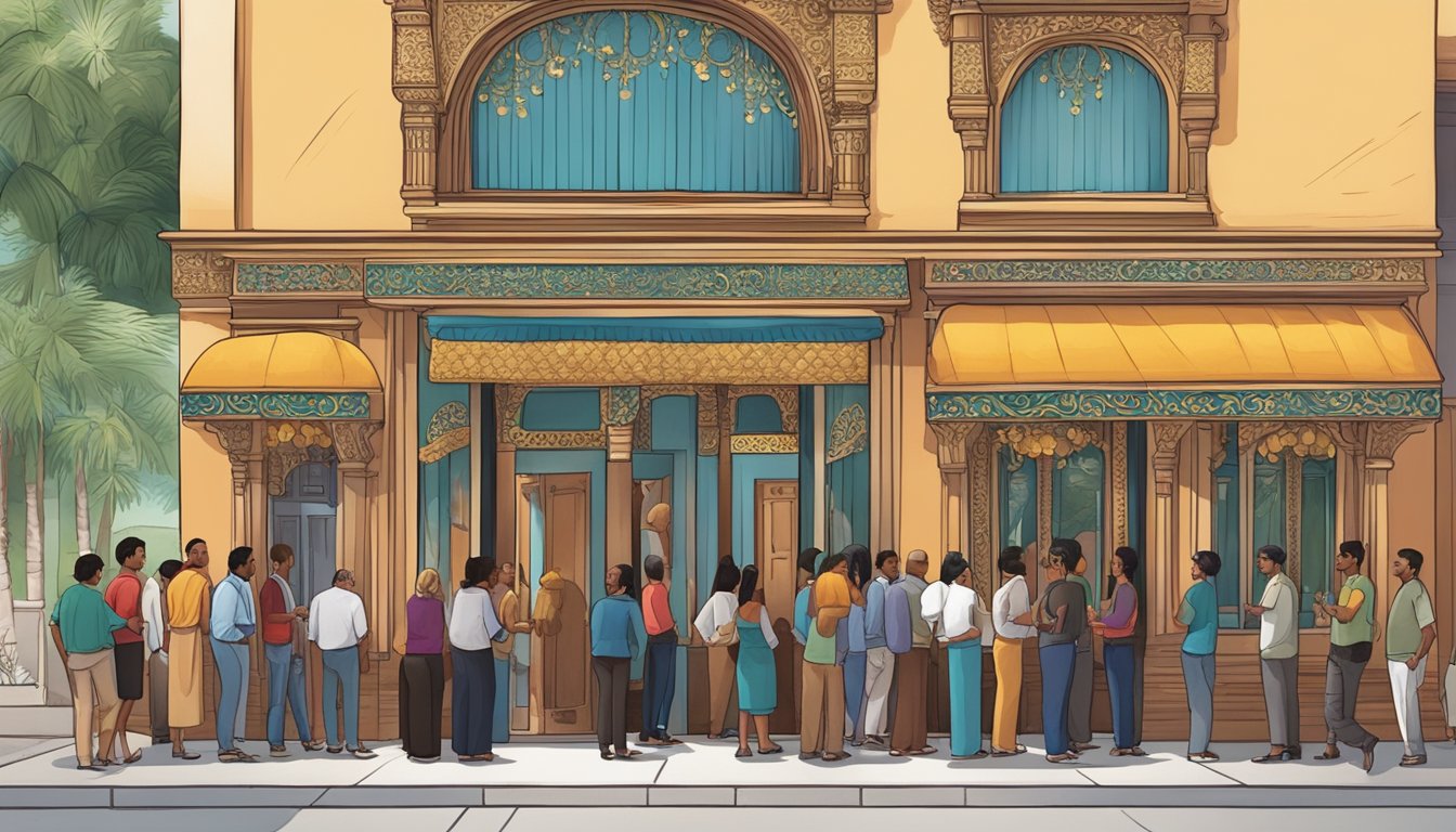 Customers line up outside the ornate entrance of the Royal Indian Restaurant, eager to sample the exotic flavors and vibrant atmosphere within