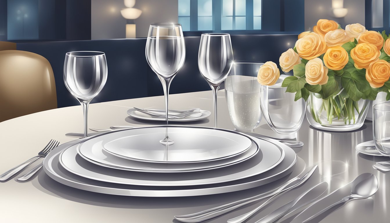 A beautifully set table at a restaurant and bar, with elegant place settings, sparkling glassware, and fresh flowers as the centerpiece