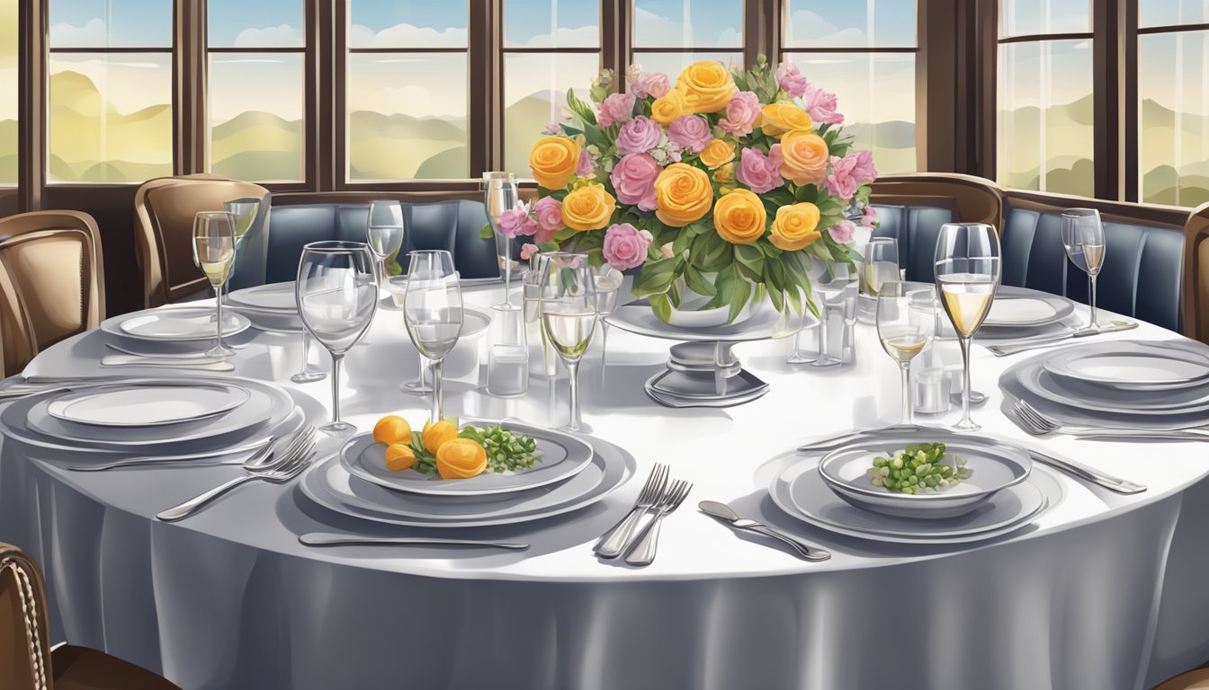 A beautifully set table with elegant place settings, fresh flowers, and polished silverware at a bustling restaurant and bar