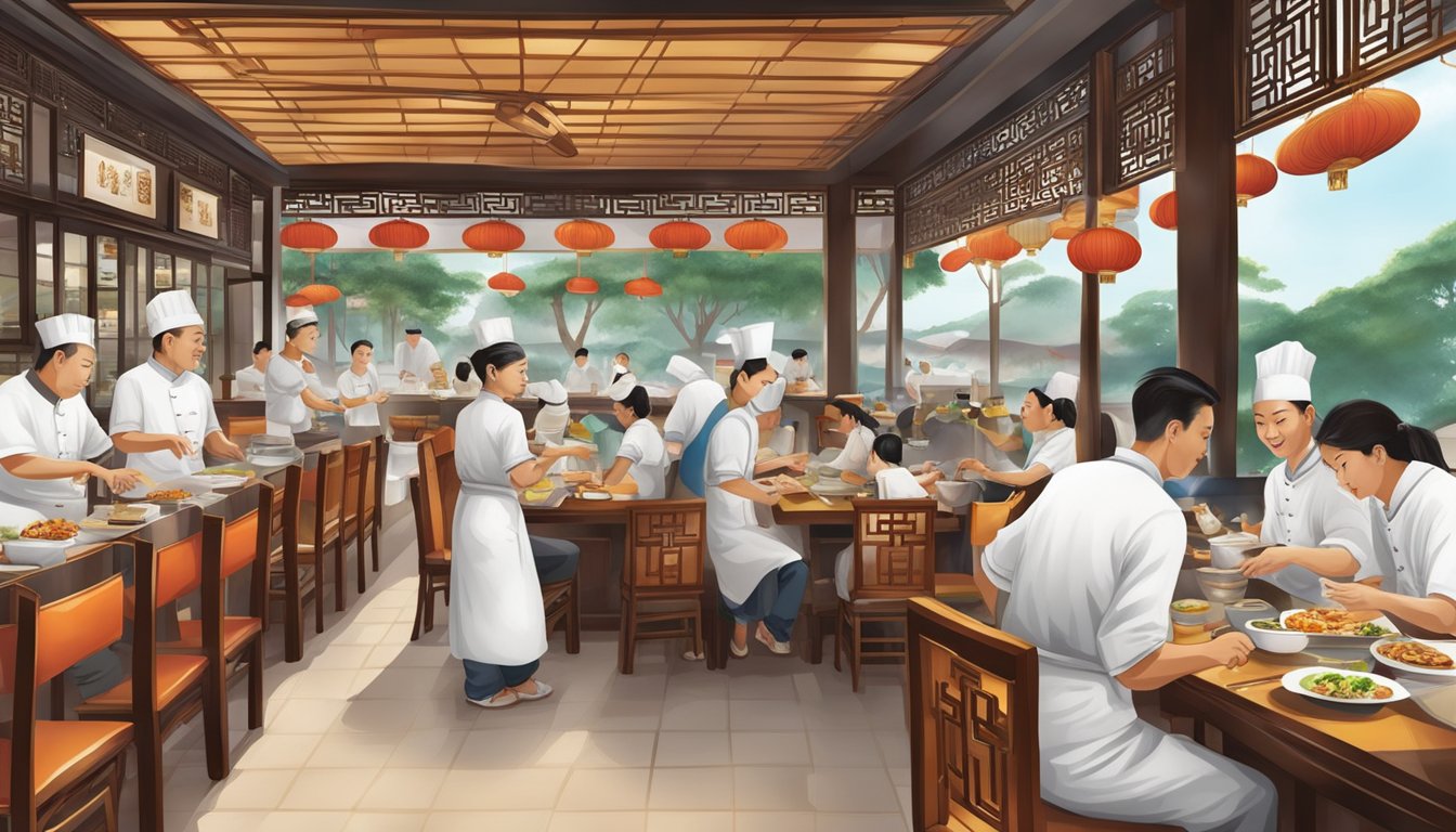 A bustling Chinese restaurant on Sentosa Island, with chefs expertly preparing traditional dishes and diners enjoying the flavorful culinary delights