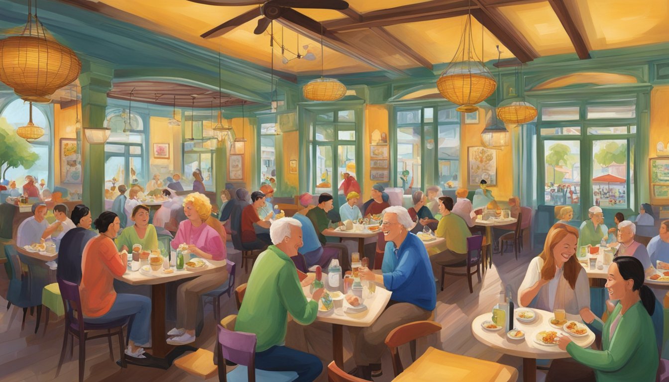 The bustling restaurant of Mark Wiens is filled with colorful dishes and happy patrons enjoying their meals. The aroma of delicious food fills the air, and the vibrant decor adds to the lively atmosphere