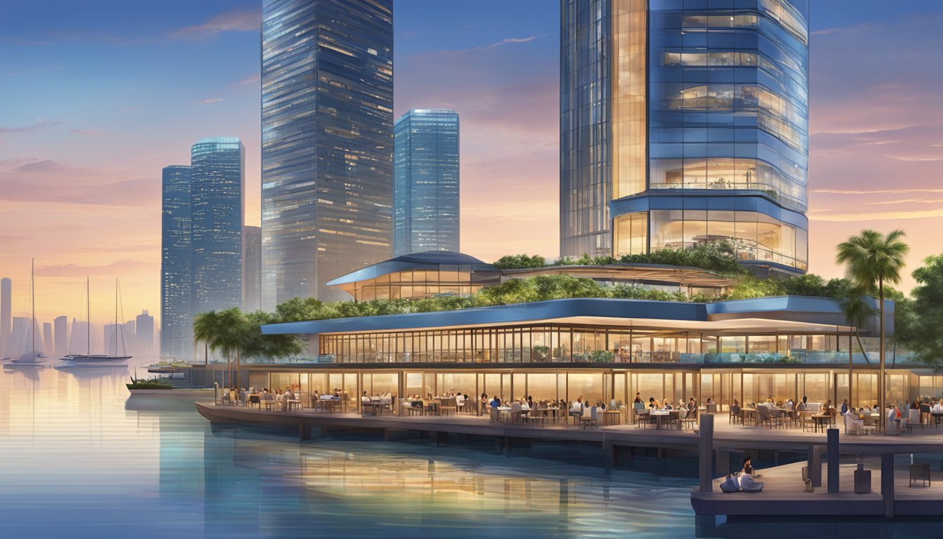 The bustling Marina Bay Financial Centre restaurants overlook the glittering waterfront, with sleek architecture and vibrant outdoor dining areas