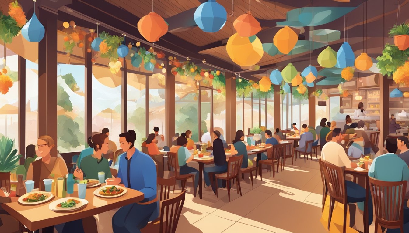 A bustling restaurant with colorful decor and a variety of dishes on tables. Customers enjoy their meals while the aroma of spices fills the air