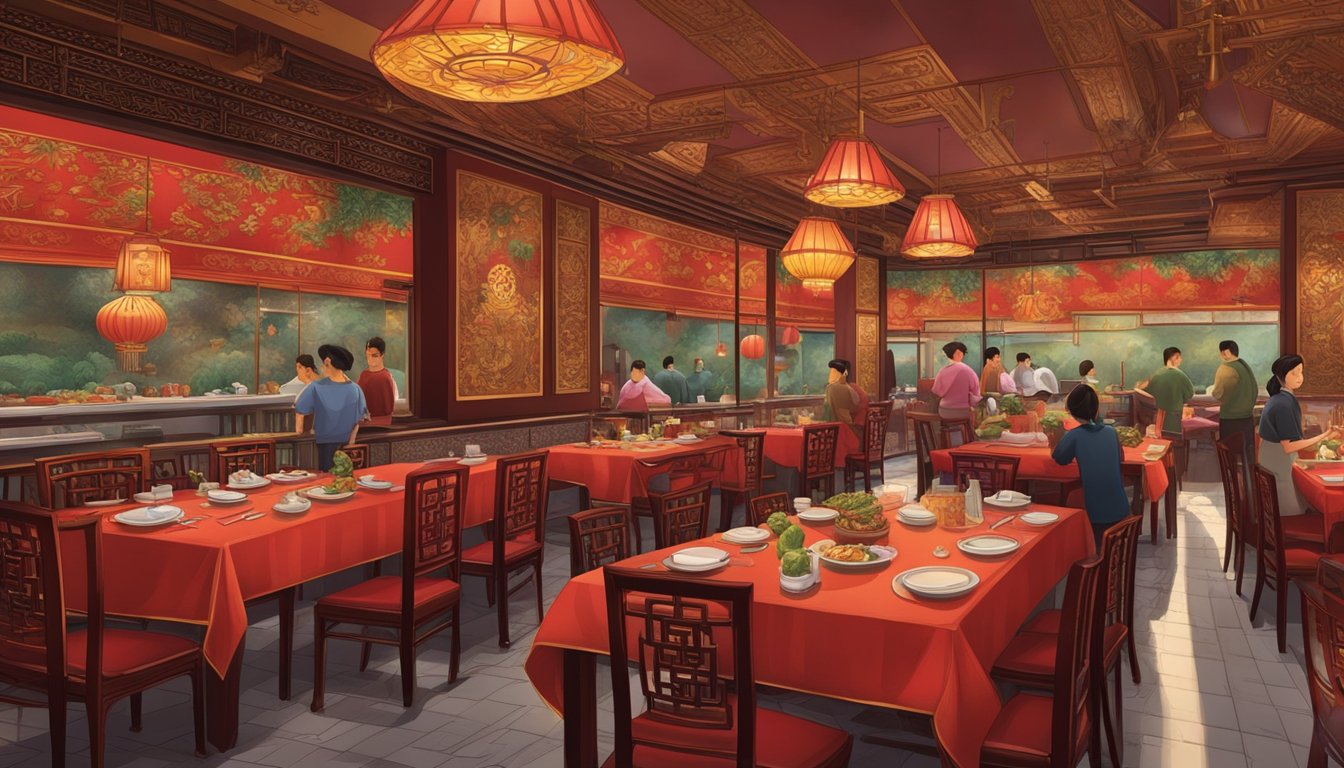 A bustling Chinese restaurant with ornate decor, dim lighting, and a lively atmosphere. Tables are adorned with red tablecloths and intricate place settings. The aroma of sizzling stir-fries fills the air