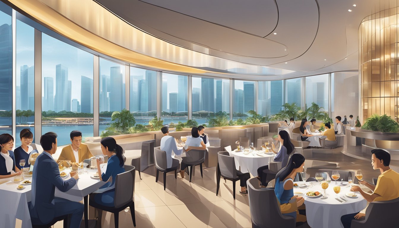 Diners savor dishes at sleek Marina Bay Financial Centre restaurants, surrounded by modern architecture and stunning waterfront views