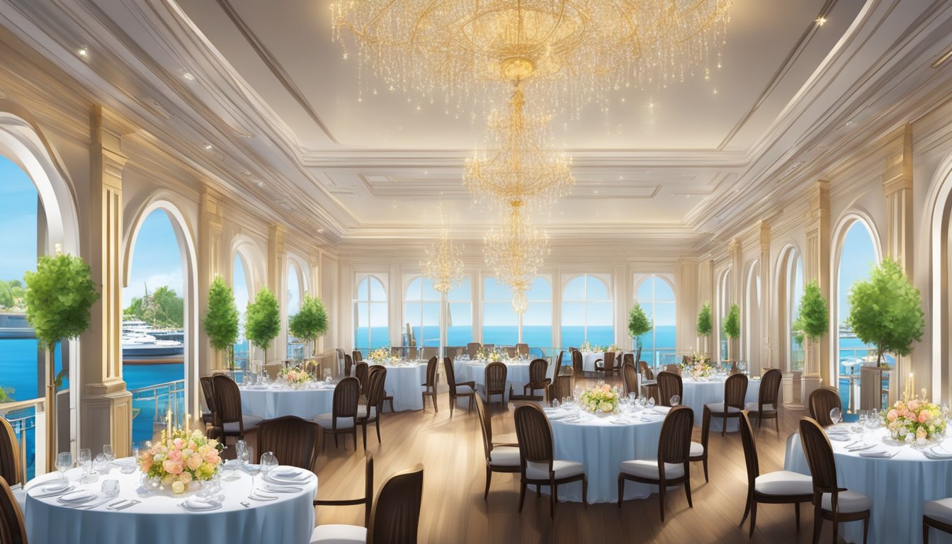 A grand dining hall with panoramic views of the marina, adorned with elegant table settings and sparkling chandeliers for special occasions