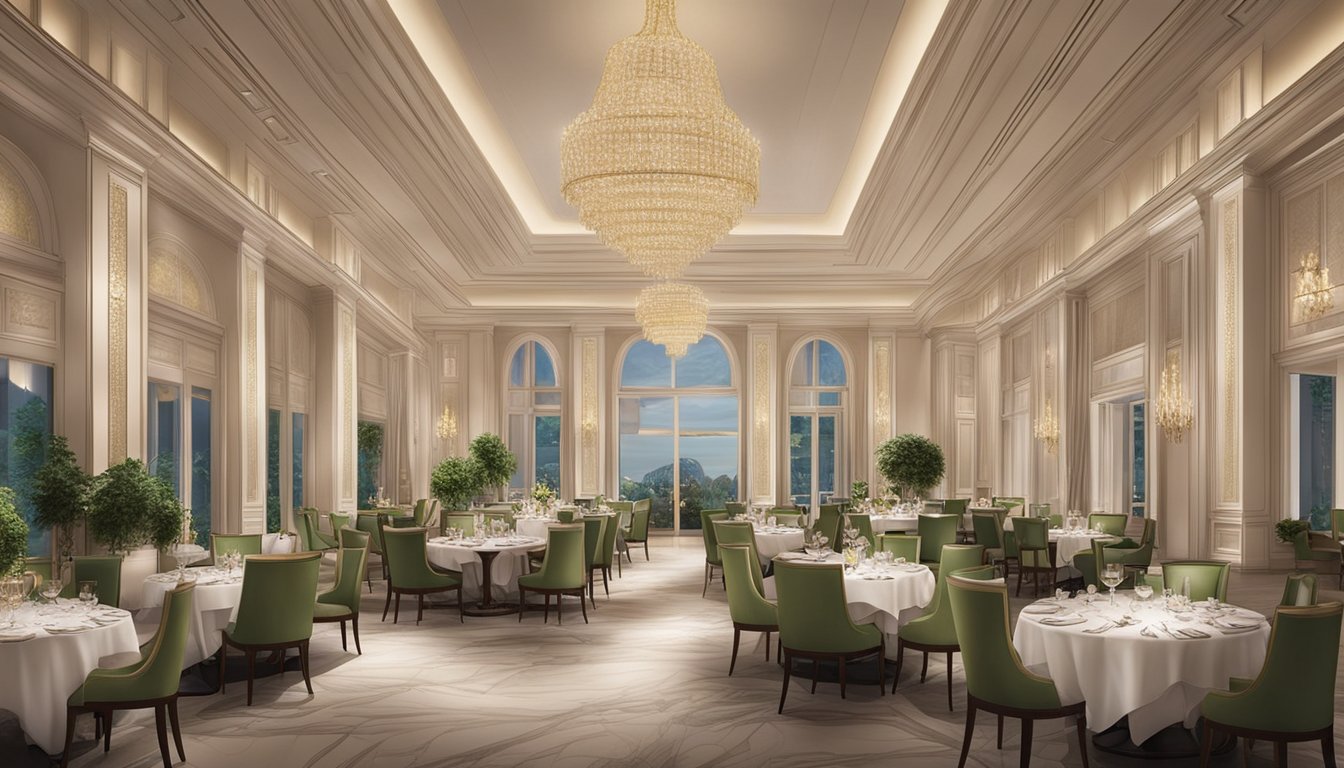 A luxurious dining area with elegant decor and high ceilings at St. Regis Singapore restaurant