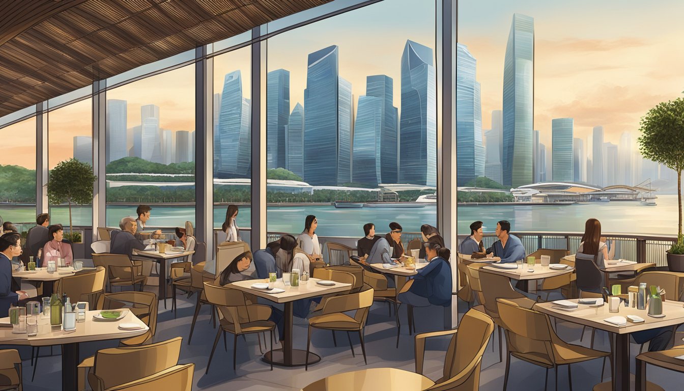 The bustling Marina Bay Financial Centre restaurants with outdoor seating and panoramic city views