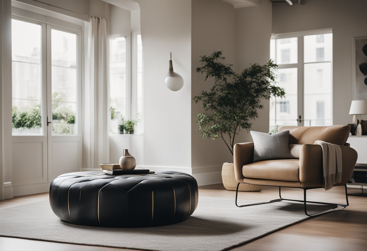 A sleek, modern ottoman sits in a spacious, well-lit living room, surrounded by minimalist furniture and elegant decor