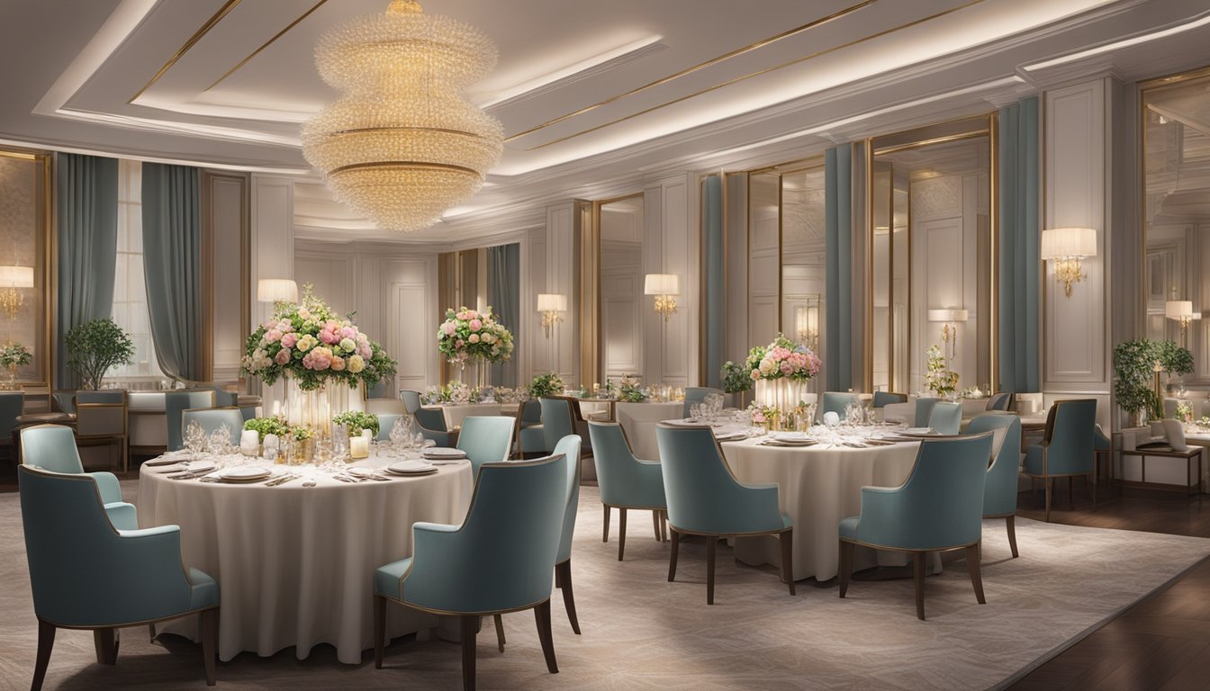 The elegant dining room glows with soft lighting, showcasing the luxurious table settings and sophisticated decor at the Bespoke Dining Experiences St. Regis Singapore restaurant