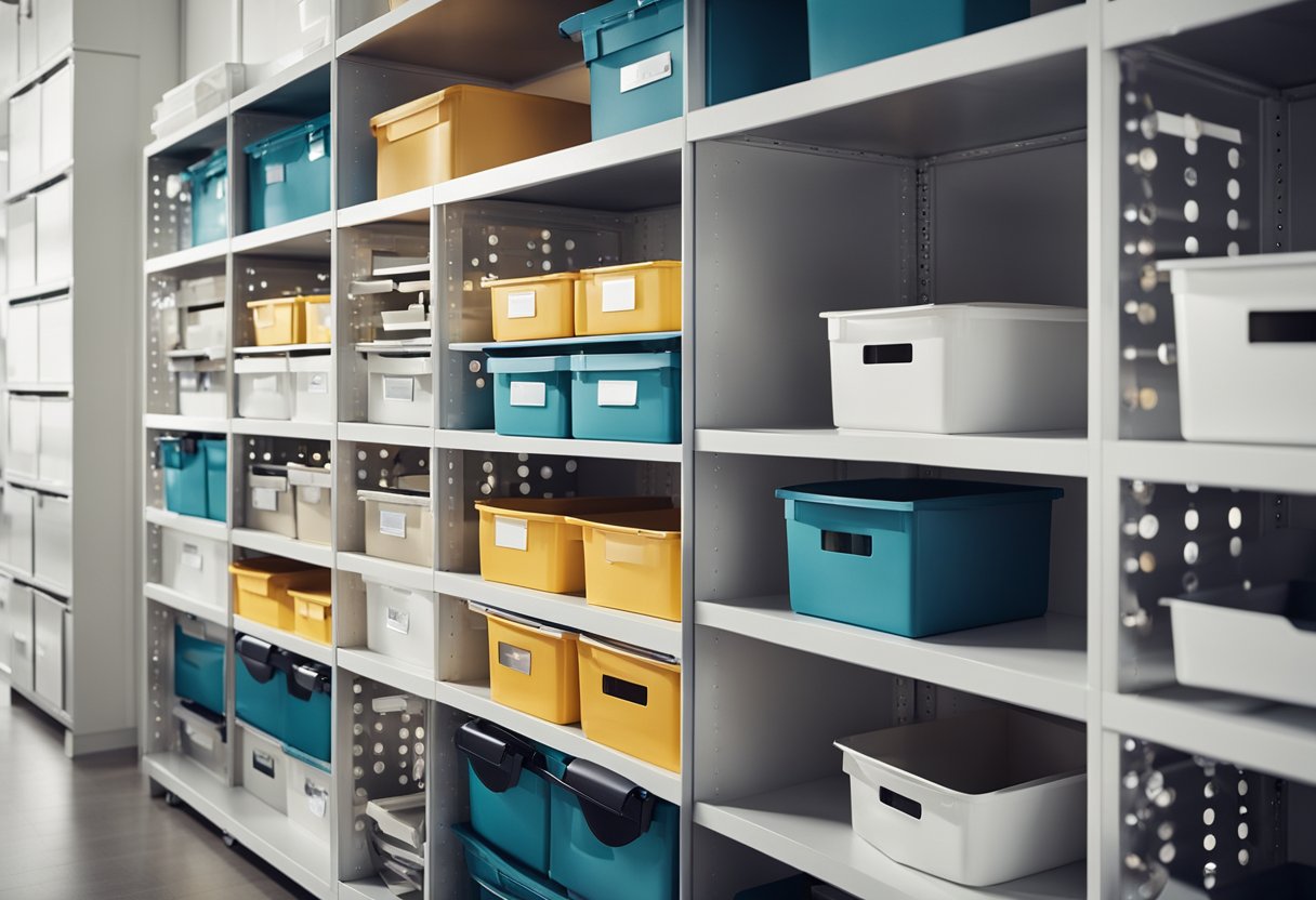 The office storage design features sleek, modern shelving units with labeled bins and boxes. The color scheme is neutral with pops of vibrant accents