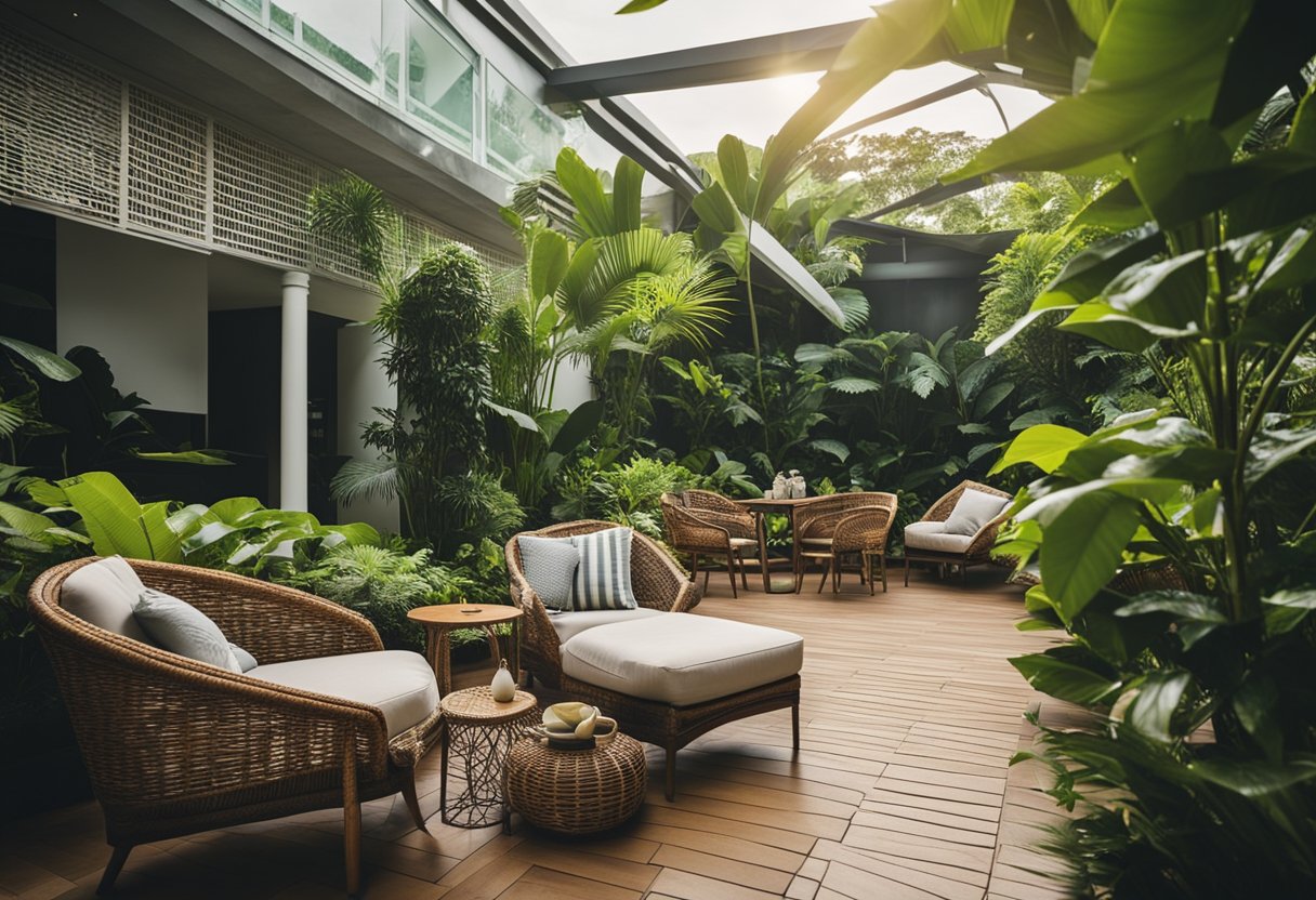 A cozy outdoor patio in Singapore adorned with wicker furniture, surrounded by lush greenery and vibrant tropical plants