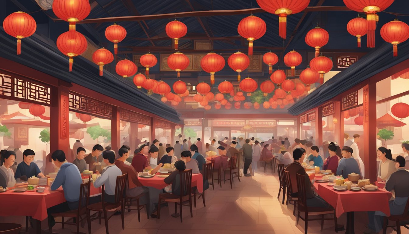A bustling Bugis Chinese restaurant with red lanterns, round tables, and steaming dim sum carts