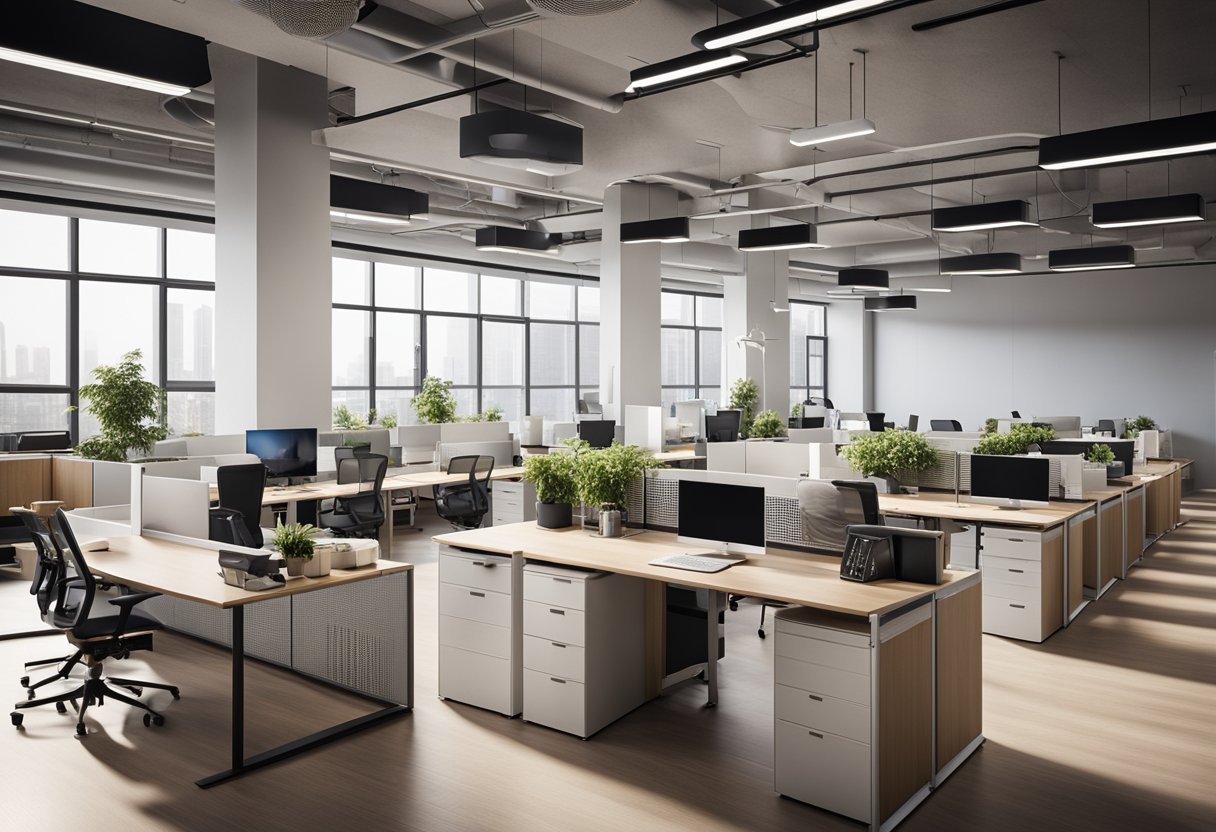 An open office layout with modular storage units and ergonomic furniture. Natural light floods the space, creating a productive and inviting atmosphere