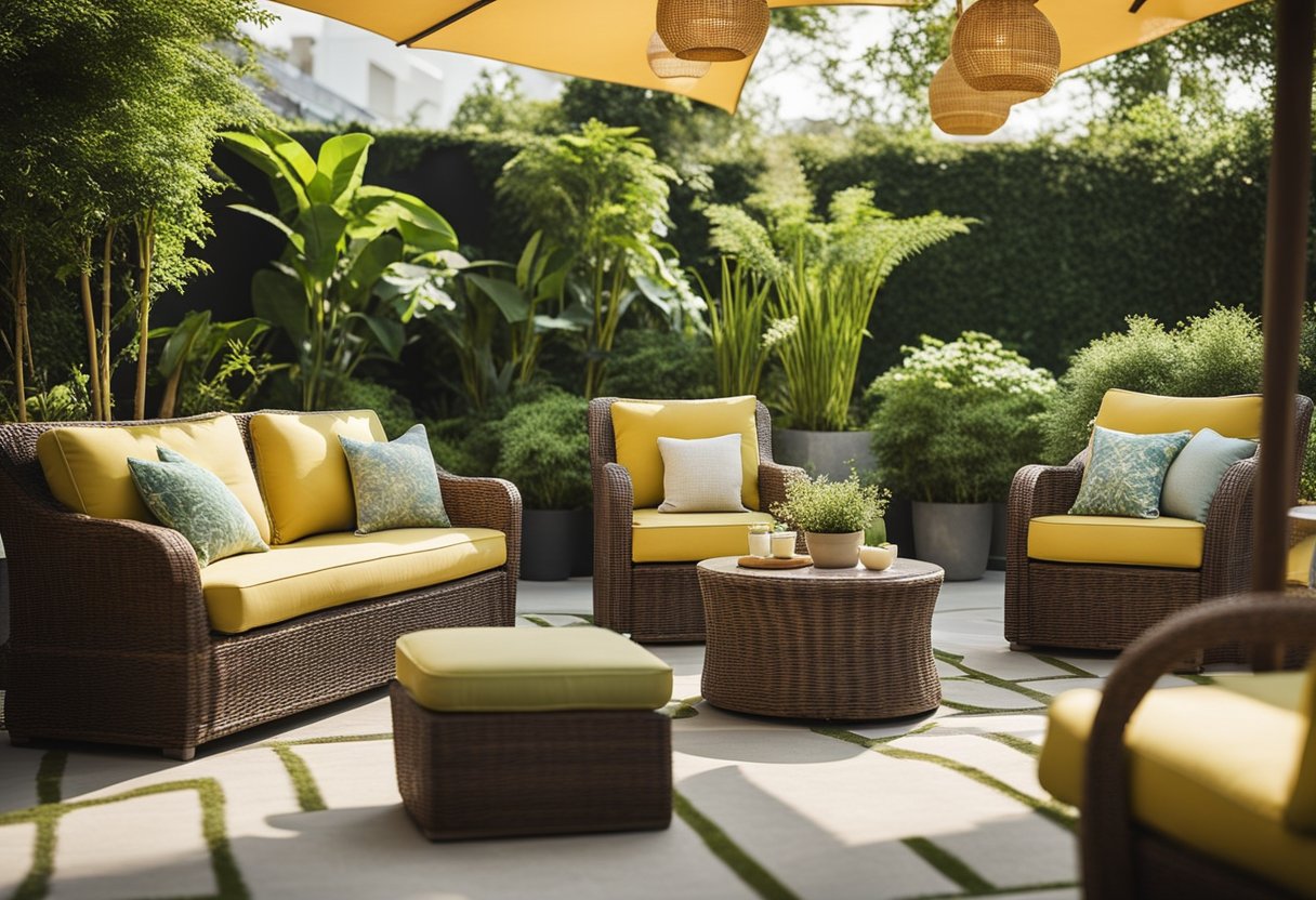 A sunny patio with a variety of wicker furniture sets displayed. Bright cushions and lush green plants add to the inviting atmosphere