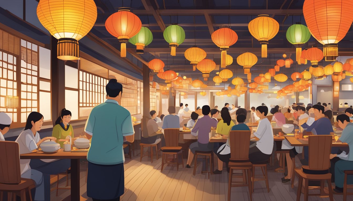 The bustling Osaka restaurant filled with colorful lanterns and sizzling grills. Customers chat and laugh as chefs skillfully prepare traditional Japanese dishes