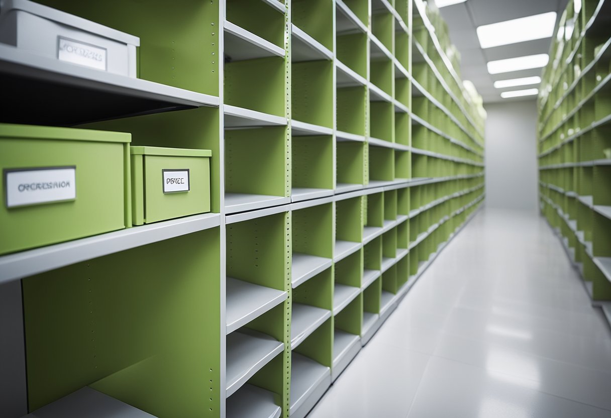 The modern office features sleek, organized storage units with labeled shelves and drawers, maximizing space and efficiency