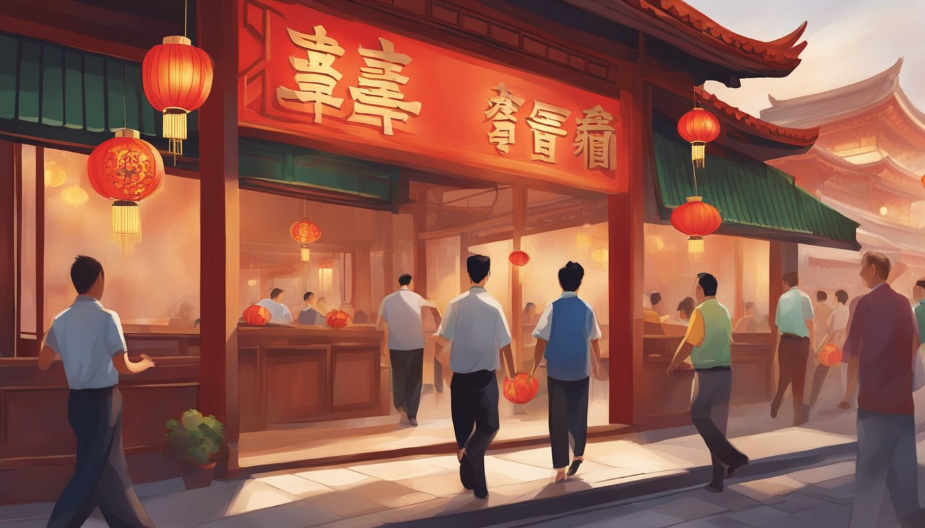 Customers entering Bugis Chinese Restaurant, greeted by red lanterns and traditional decor. Aromas of sizzling stir-fry and steaming dumplings fill the air