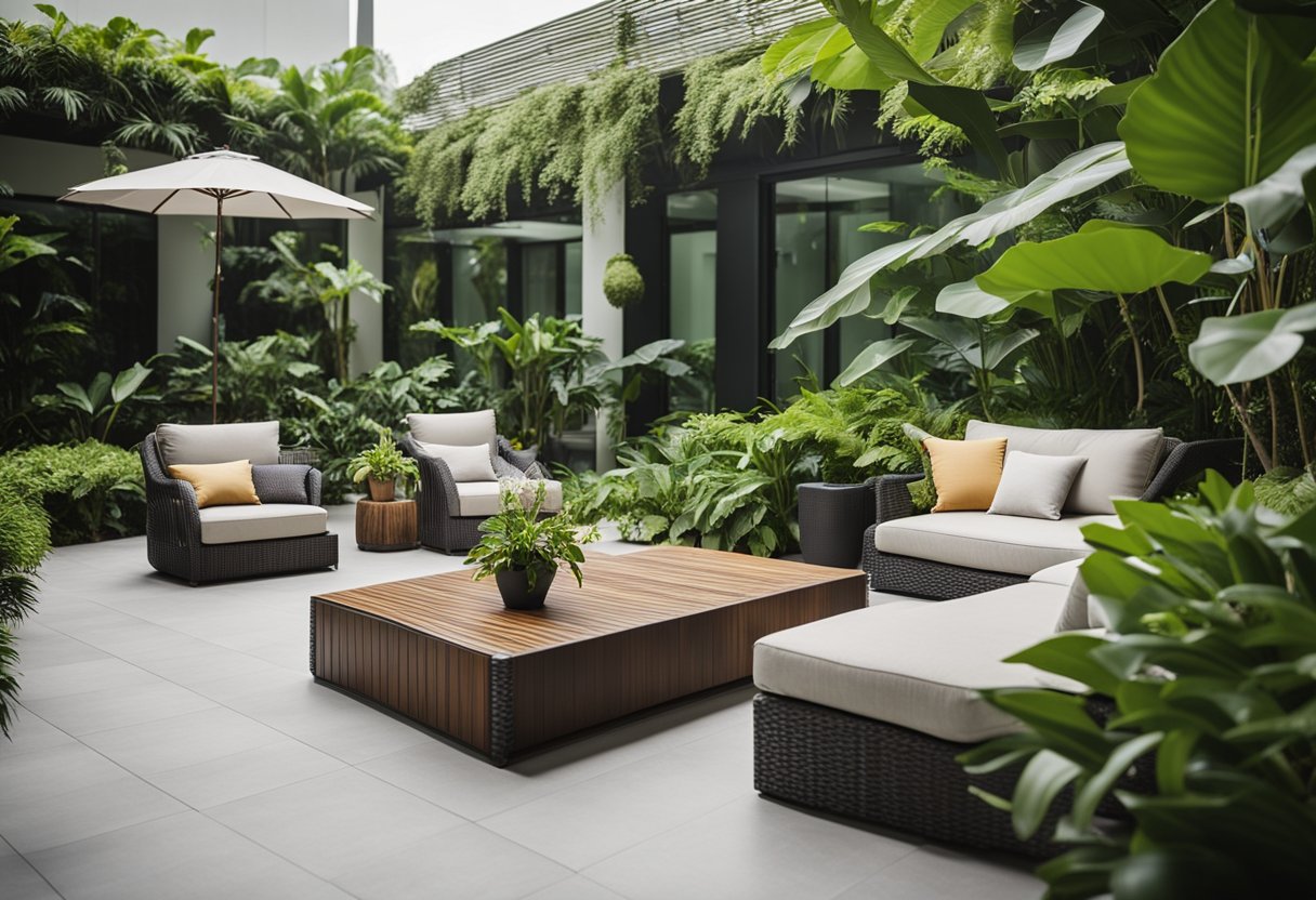A spacious outdoor patio in Singapore features modern wicker furniture, surrounded by lush greenery and vibrant tropical plants