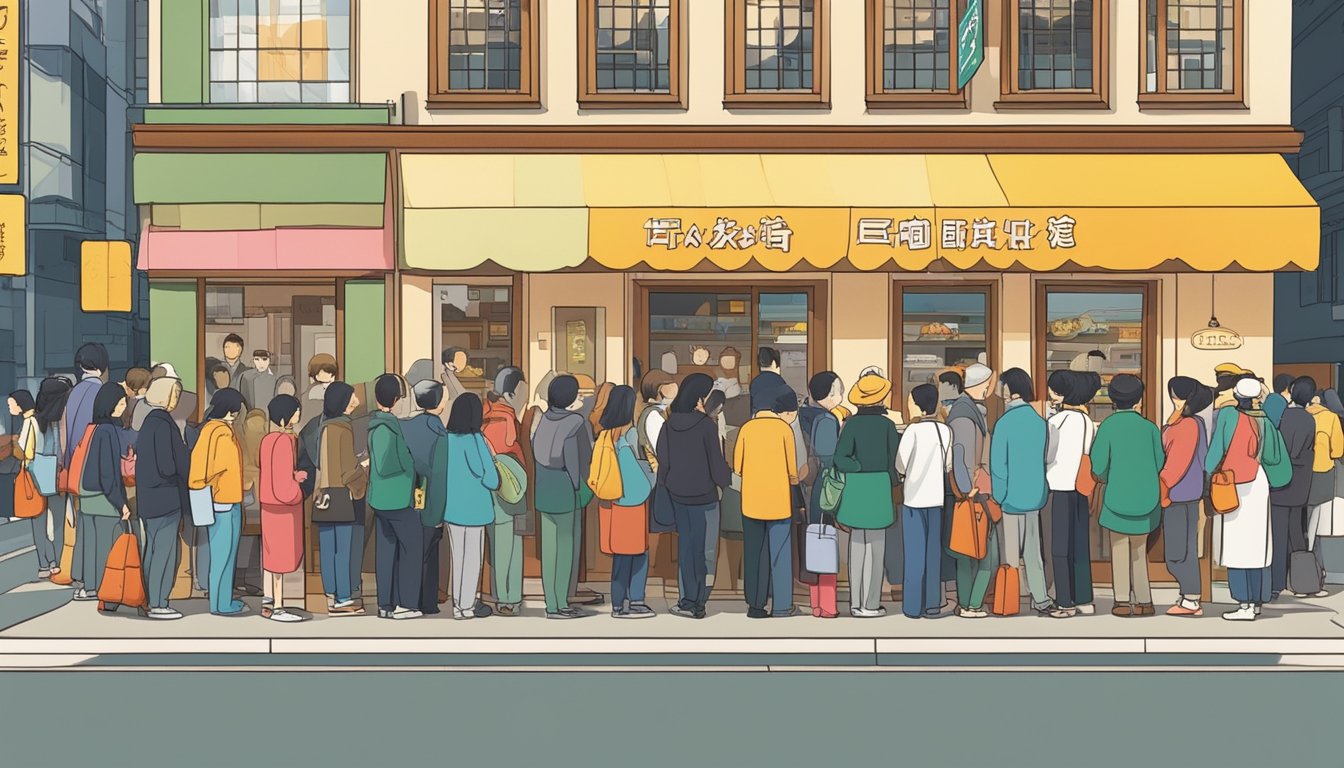 Customers lining up outside the bustling Osaka restaurant, eagerly waiting to sample the renowned cuisine. A colorful sign with the words "Frequently Asked Questions" catches the eye