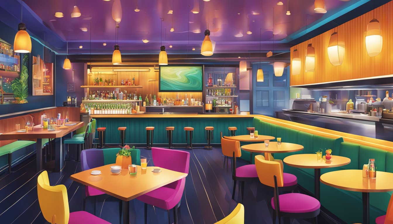 The bustling pixy restaurant & bar, with dim lighting and lively chatter, features a sleek bar and cozy tables, adorned with colorful cocktails and delectable dishes