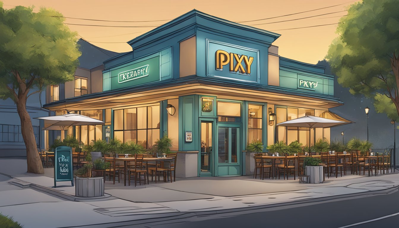 The exterior of Pixy Restaurant & Bar with a sign, outdoor seating, and a welcoming entrance