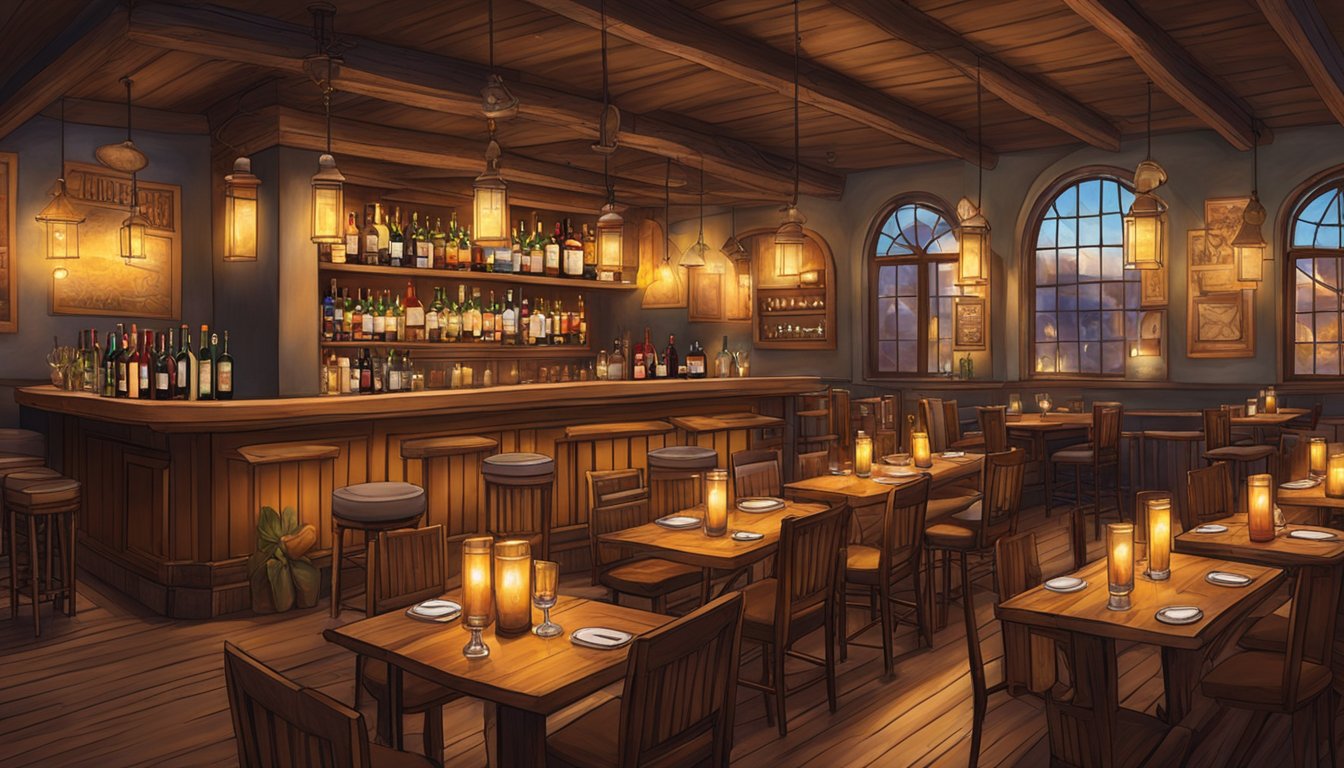 The cozy bar and restaurant, filled with warm lighting and rustic decor, exudes a welcoming atmosphere. Tables are adorned with flickering candles, and the bar is lined with an array of spirits and wines