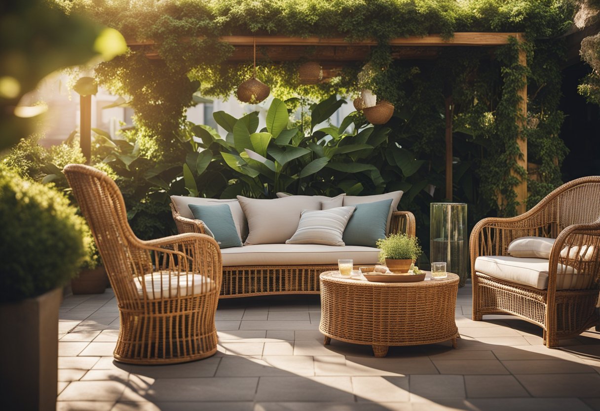 A cozy outdoor patio with stylish wicker furniture, surrounded by lush greenery and bathed in warm sunlight