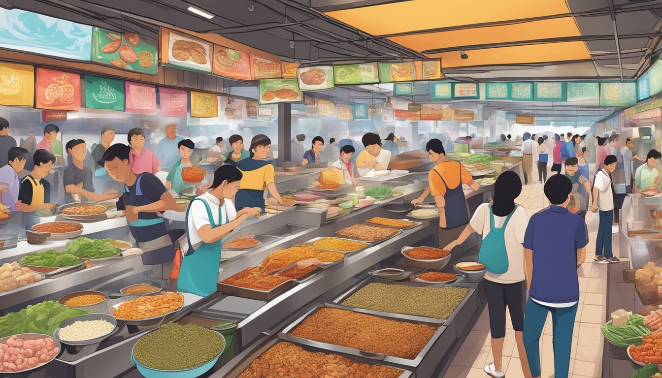 A bustling food market with colorful stalls and aromatic dishes at Paya Lebar Quarter. The aroma of sizzling meats and spices fills the air as customers sample a variety of culinary delights
