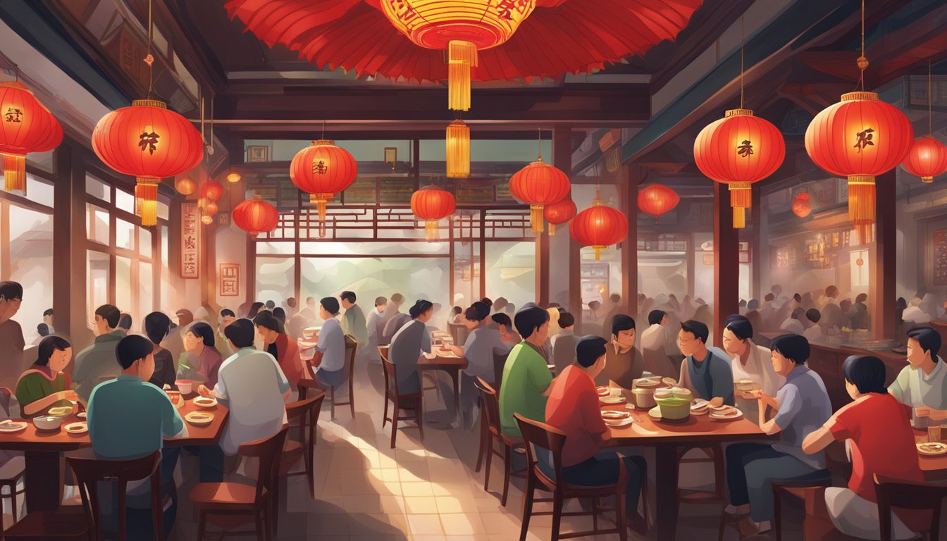 A bustling Sichuan restaurant with red lanterns, steaming hotpots, and lively conversations