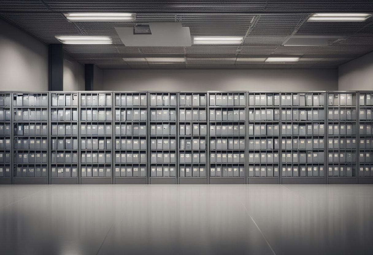 A modern office with organized and labeled storage units, neatly arranged shelves, and clear signage for easy access to frequently asked questions materials