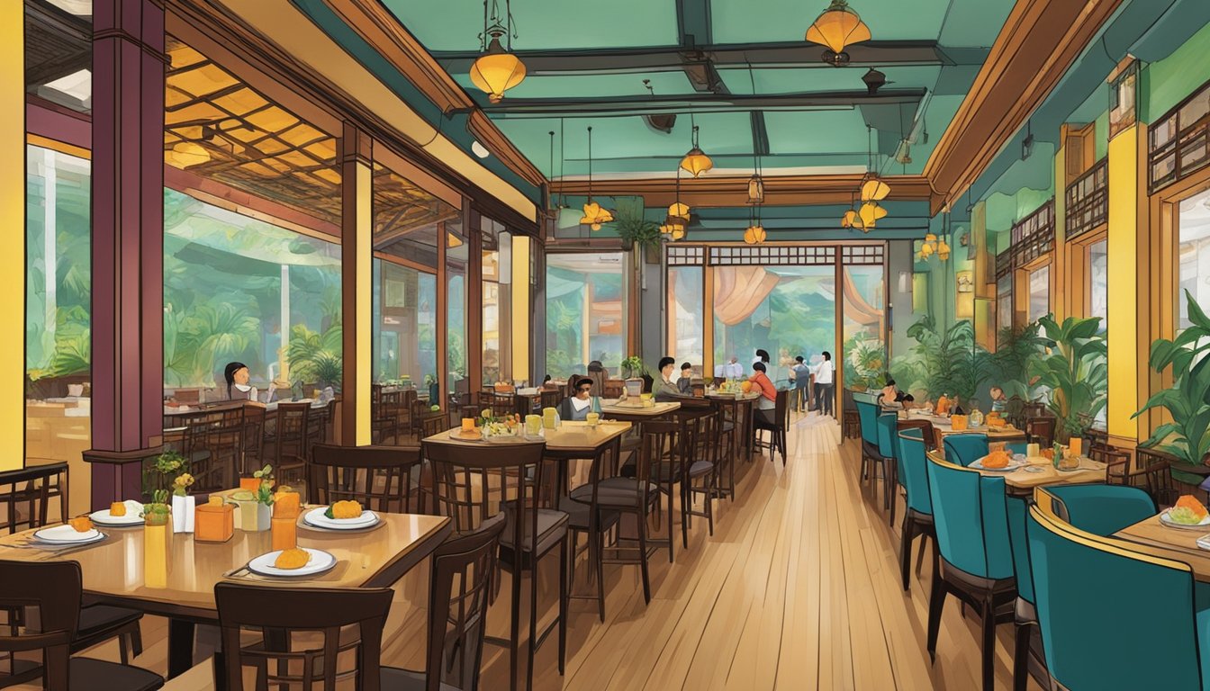 The bustling Bugis Chinese restaurant, filled with diners and waitstaff, exudes an energetic and vibrant atmosphere. The colorful decor and aromatic scents create a lively and inviting setting