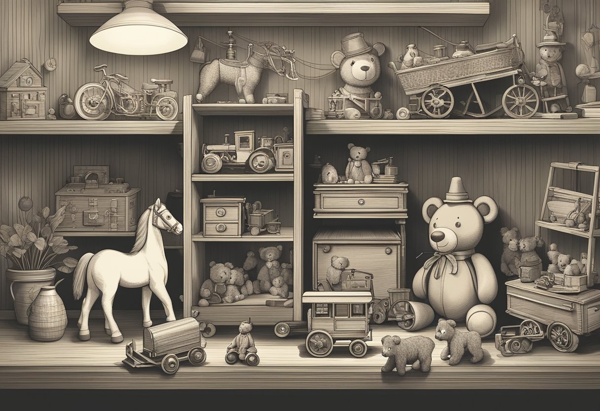 A collection of vintage objects and toys, including a rocking horse, a wooden train set, and a teddy bear, arranged on a shelf