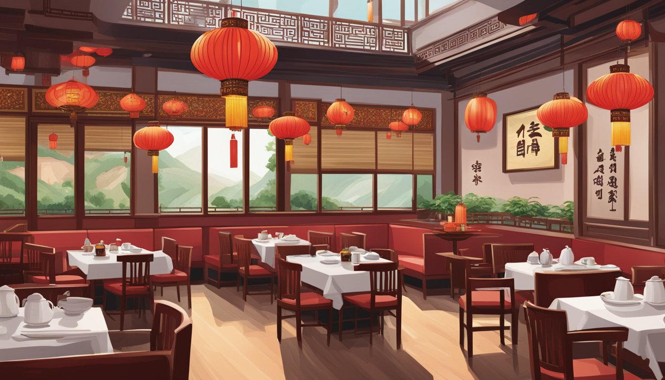 The bustling interior of Tong Fu Ju Sichuan Restaurant, with red lanterns hanging from the ceiling and the aroma of spicy Sichuan cuisine filling the air