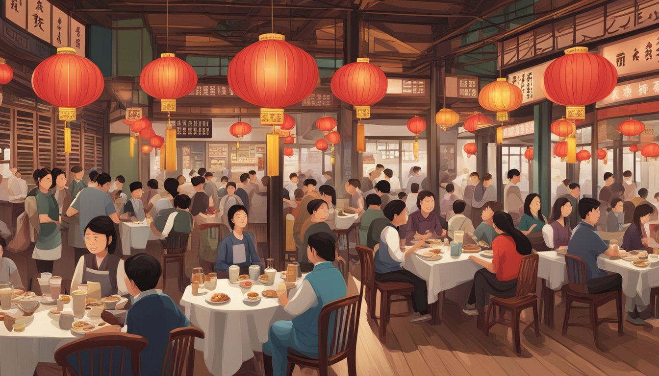 A crowded restaurant with red lanterns, wooden tables, and a bustling atmosphere. A sign reads "Frequently Asked Questions tong fu ju sichuan restaurant."