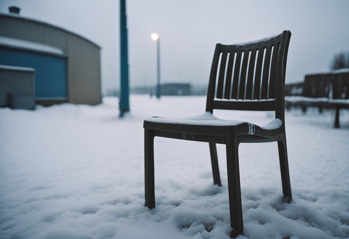 A plastic chair exposed to extreme weather conditions, showing signs of wear and tear