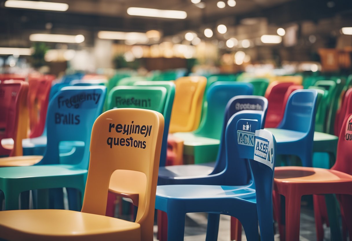 A stack of colorful plastic chairs and tables with a "Frequently Asked Questions" sign in a busy furniture store in Singapore