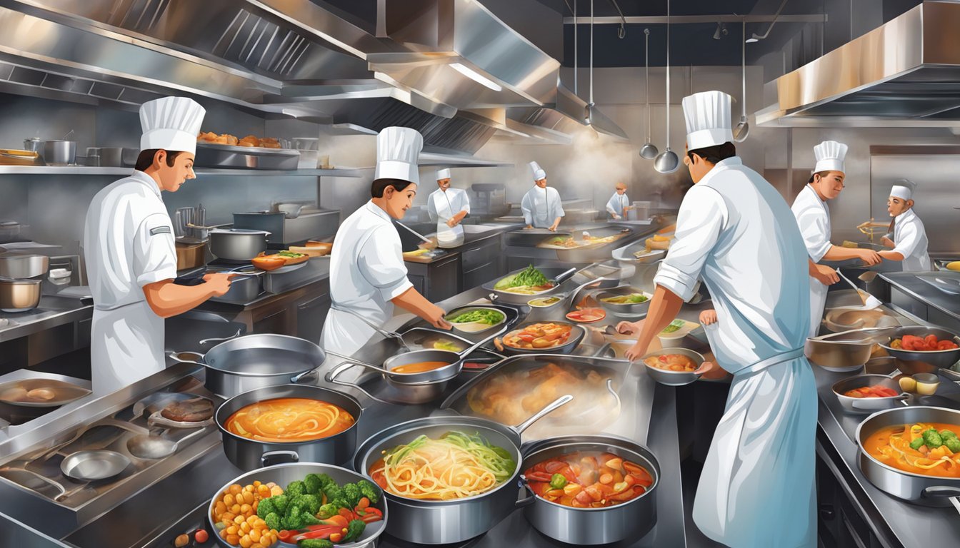 A bustling restaurant kitchen, filled with sizzling pans, colorful ingredients, and chefs working with precision and passion