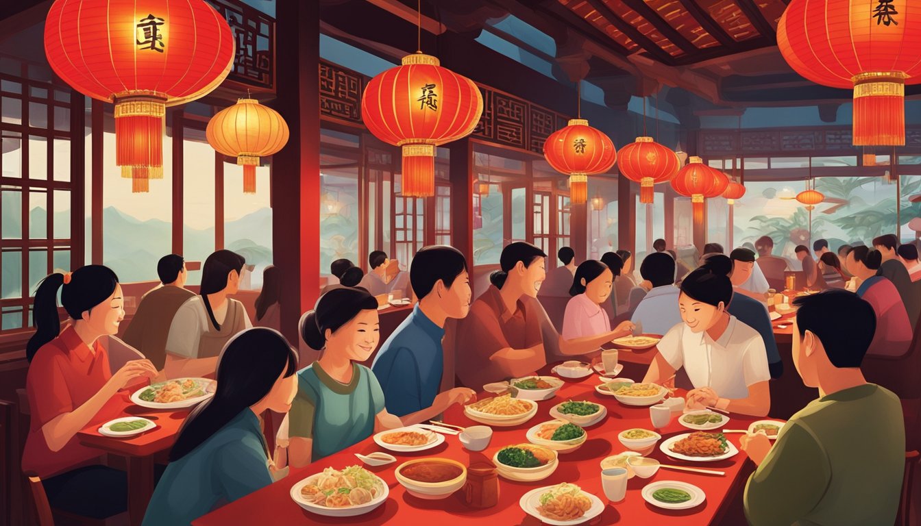 Customers enjoying traditional Chinese dishes at You Kee XO restaurant. Rich aromas fill the air as steam rises from sizzling hot plates. Vibrant red lanterns cast a warm glow over the bustling dining area