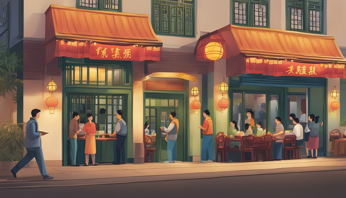 Customers line up at the entrance of Wan Li Chinese Restaurant, holding menus and chatting excitedly. The restaurant sign glows brightly above the door