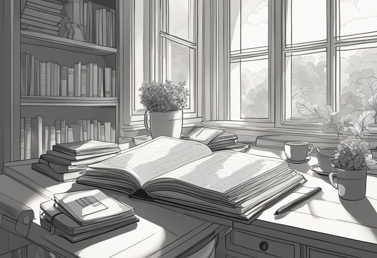 A cozy study with books on baby names, a notepad, and a pencil. A cup of coffee sits on the desk as the sunlight streams through the window